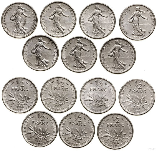 Francja, lot 7 x 1/2 franka, 1965, 1966, 1968, 1969, 1970, 1972, 1977