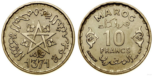 Maroko, 10 franków, AH 1371 (1952 AD)