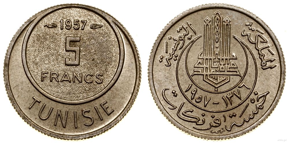 Tunezja, 5 franków, AH 1376 (AD 1957)