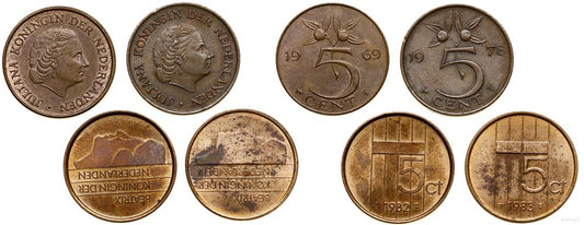 Niderlandy, zestaw: 4 x 5 centów i 4 x 1 cent, 1962–1983