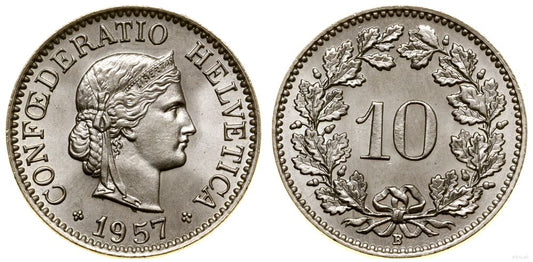 Szwajcaria, 10 rappenów, 1957 B