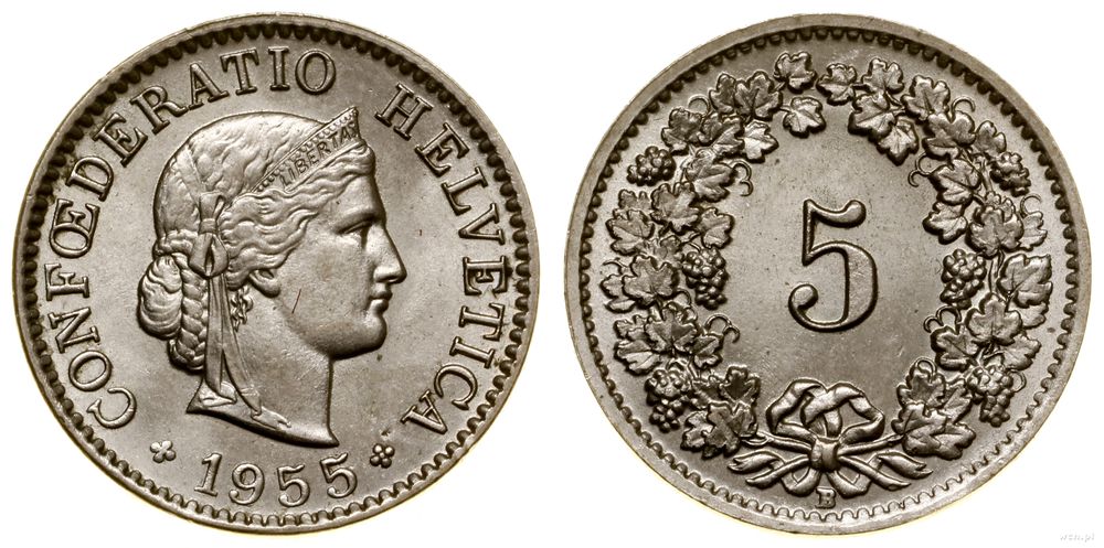 Szwajcaria, 5 rappenów, 1955 B